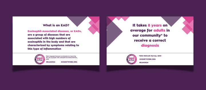 Informative banner series for Eosinophilic Awareness Month highlighting community statistics, personal quotes, and pronunciation guides