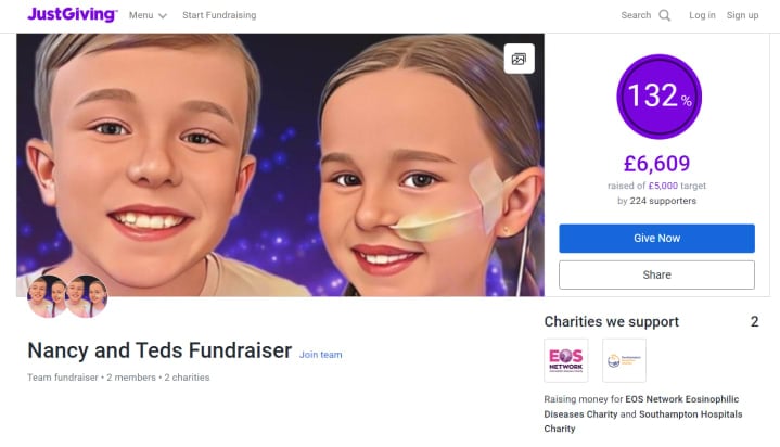 Screenshot of 'Nancy and Teds Fundraiser' on JustGiving, showing a 132% achievement over the £5,000 goal with £6,609 raised by 224 supporters. Features a cartoon portrait of two smiling children against a starry background. Below, the EOS Network and Southampton Hospitals Charity logos are displayed, indicating the charities supported by the fundraiser.