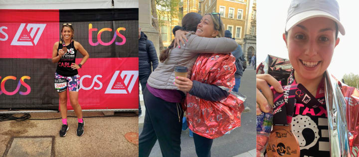  Triptych of joyful moments at London Marathon with EOS Network runners celebrating and embracing after the race
