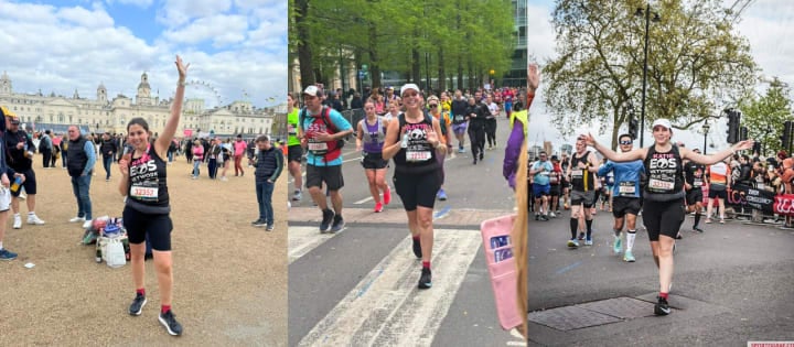 Runner named Katie celebrating completion of London Marathon in support of eosinophilic disease awareness with EOS Network