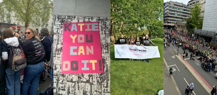 Collage of London Marathon moments including a supportive sign for Katie and EOS Network charity team displaying a banner