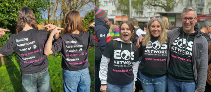  Supporters showcasing the back and front of EOS Network clothing to promote awareness for eosinophilic diseases