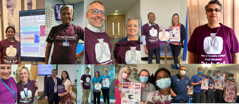 a collage of photos of healthcare professionals dressed in purple charity t shirts holding materials